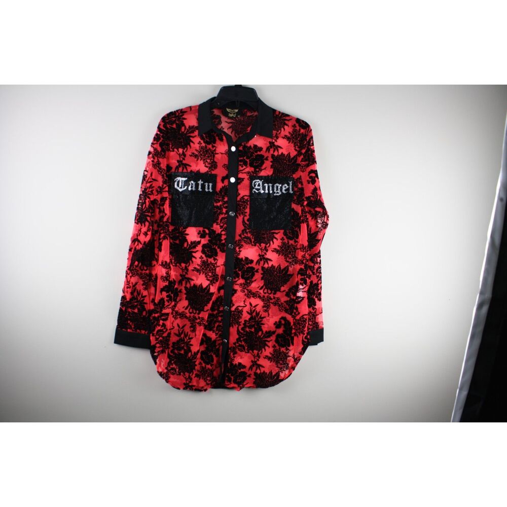 TATU Angel Floral Flocked Mesh Tunic Shirt M Red Black Sequin Y2K Gothic